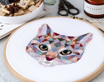 Geometric Cat Cross Stitch Pattern PDF | Modern Animal Embroidery Designs to Download