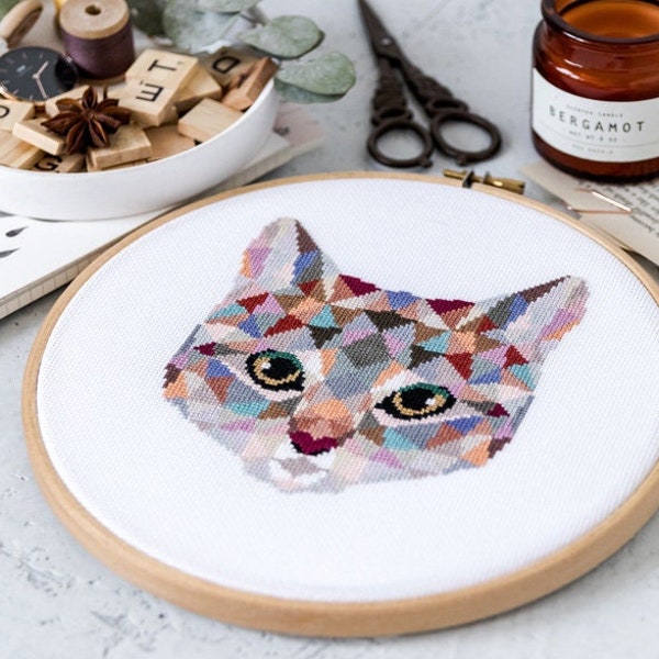 Geometric Cat Cross Stitch Pattern PDF | Modern Animal Embroidery Designs to Download