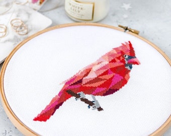 Red Cardinal Bird Cross Stitch Pattern PDF - Modern Unique Geometric Design, Easy to Read Printable Chart