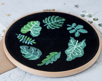 Tropical Leaves Wreath Cross Stitch Pattern PDF - Easy Botanical Design