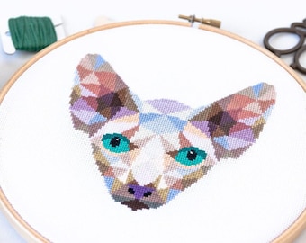 Cross Stitch patroon kat, Sphynx kat borduurwerk, Cat Lady geschenken, moderne kruissteekgrafiek, laag poly ontwerp, PDF-formaat, Instant Download