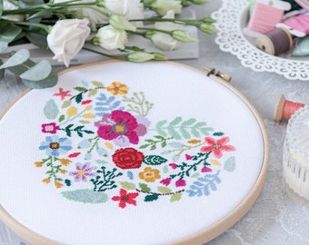 Floral Heart Cross Stitch Pattern PDF | Wedding Embroidery Design