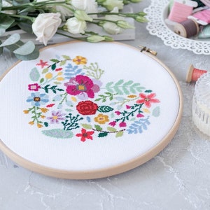 Floral Heart Cross Stitch Pattern PDF | Wedding Embroidery Design