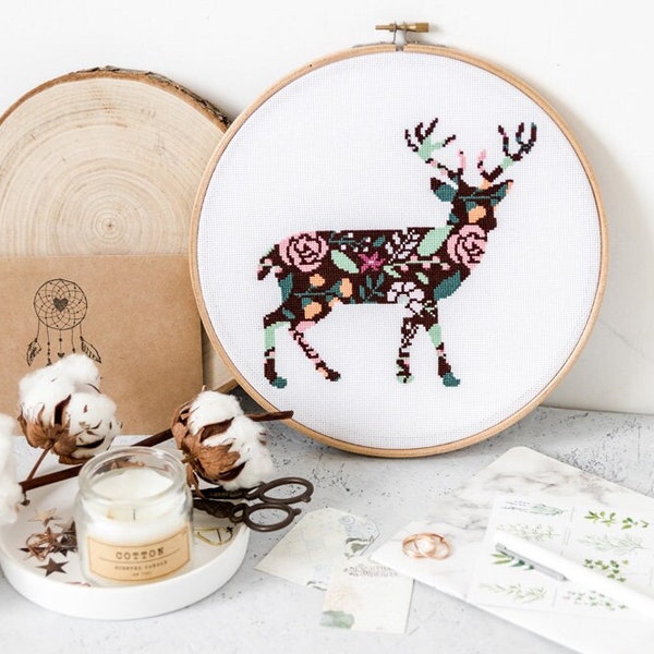 Floral Deer Cross Stitch Pattern PDF | Modern Animal Embroidery Designs to Download