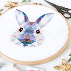 Geometric Rabbit Cross Stitch Pattern PDF | Modern Animal Embroidery Designs to Download