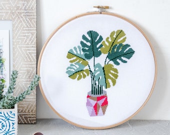 Monstera Plant Cross Stitch Pattern PDF | Modern Botanical Embroidery Design