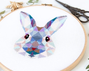 Geometric Rabbit Cross Stitch Pattern PDF | Modern Animal Embroidery Designs to Download