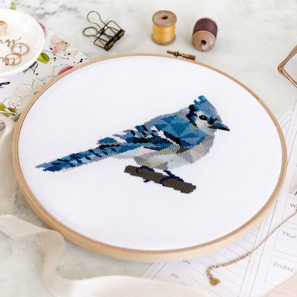 Blue Jay Bird Cross Stitch Pattern PDF -  Unique Geometric Design, Easy to Read Printable Chart