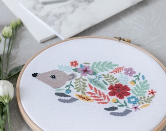 Floral Hedgehog Cross Stitch Pattern PDF | Animal Embroidery Design