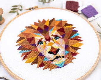 Geometric Lion Cross Stitch Pattern PDF | Modern Safari Animal Embroidery Design