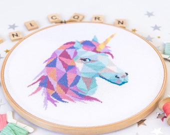Geometric Unicorn Cross Stitch Pattern PDF | Nursery Embroidery Design to Download