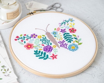 Floral Butterfly Cross Stitch Pattern PDF | Modern Embroidery Design Flowers