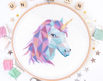 Patrón de punto de cruz de unicornio geométrico en PDF / Diseño de bordado infantil para descargar