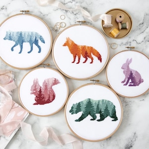 Cross Stitch Pattern Animals Set Fox, Wolf, Bear, Hare, Squirrel Forest Silhouette, Easy Embroidery Designs image 1