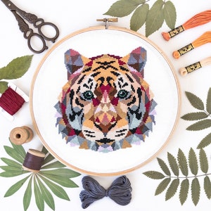 Tiger Cross Stitch Pattern PDF - Modern Animal Embroidery Design for Beginners, Printable Chart