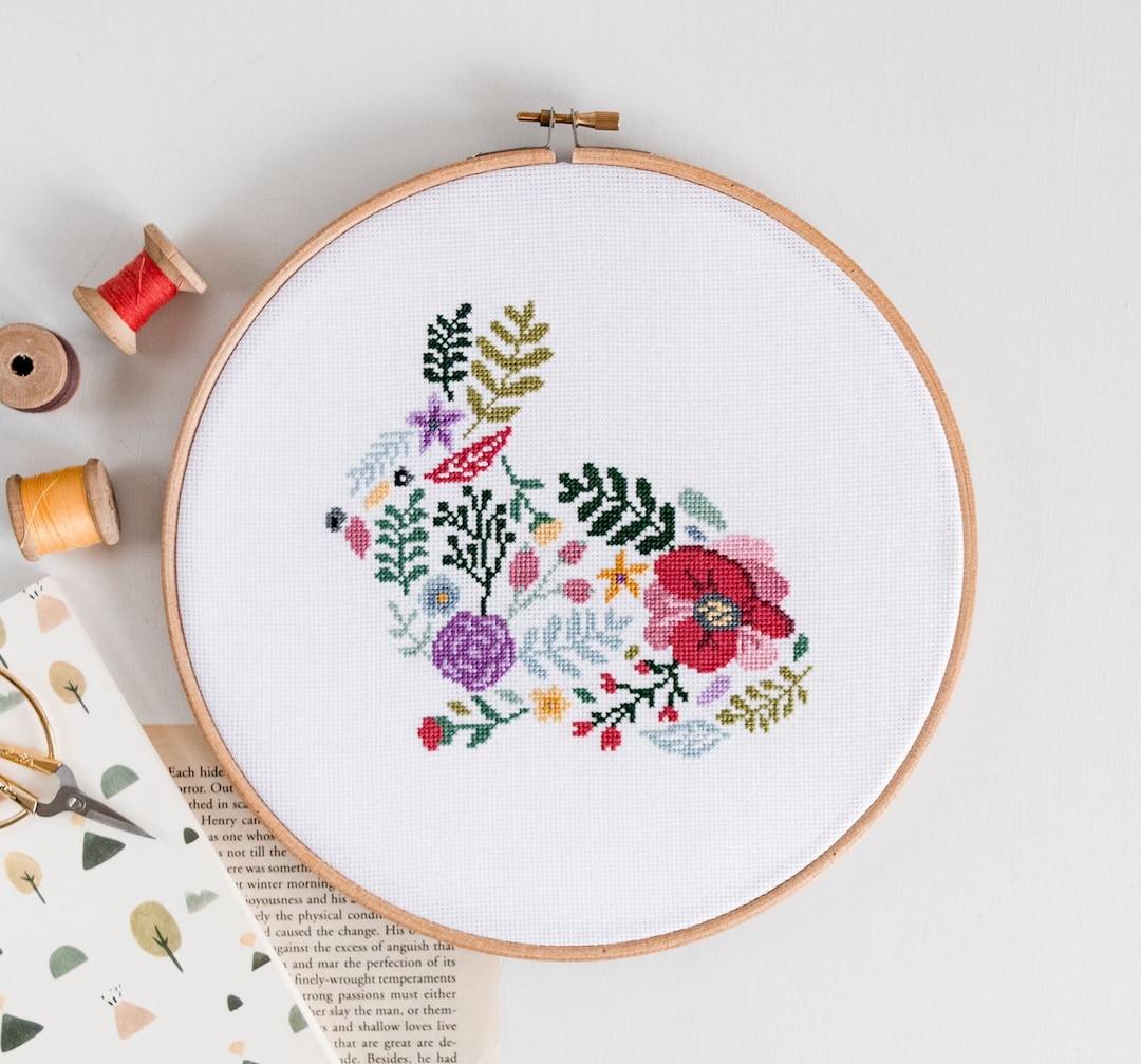 Floral Rabbit Cross Stitch Pattern PDF | Modern Counted Hand Embroidery ...