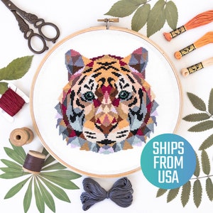 Geometric Tiger Cross Stitch Kit, Printed Embroidery Pattern