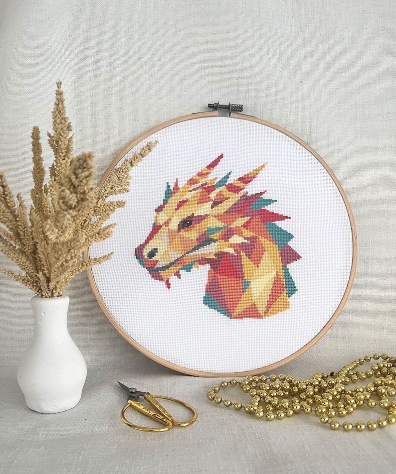 Geometric Dragon Cross Stitch PDF Pattern, Modern Fantasy Hand Embroidery Design, Counted Easy for Beginners Xstitch Chart image 2