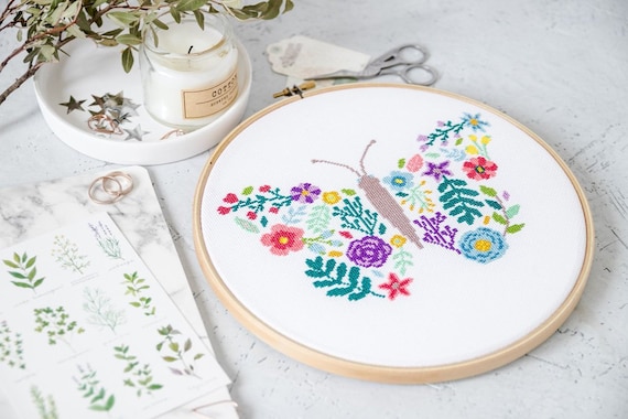 Floral Butterfly Cross Stitch Pattern PDF | Modern Embroidery Design Flowers