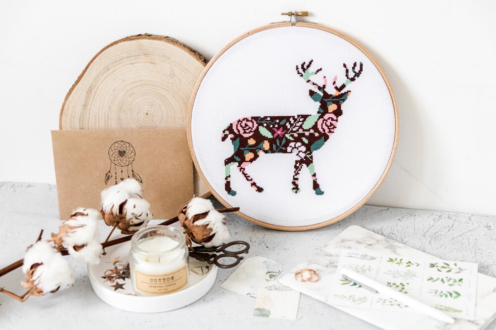 Floral Deer Cross Stitch Pattern PDF Instant Download Etsy