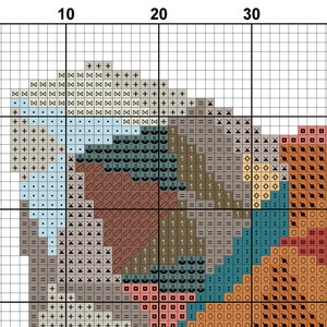 May include: Cross stitch pattern with a colorful abstract design. The pattern features a variety of colors, including blue, green, brown, orange, and red. The pattern is arranged in a geometric design.