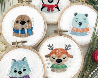 Arctic Animals Christmas Cross Stitch Patterns: Fox, Bear, Penguin, Deer, Walrus (Digital Download)