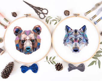 Cross Stitch Patterns - Bear and Wolf Modern Cross Stitch Pattern PDF. Animals Cross Stitch Charts. Polygonal Art. Home Decor. Nursery Decor