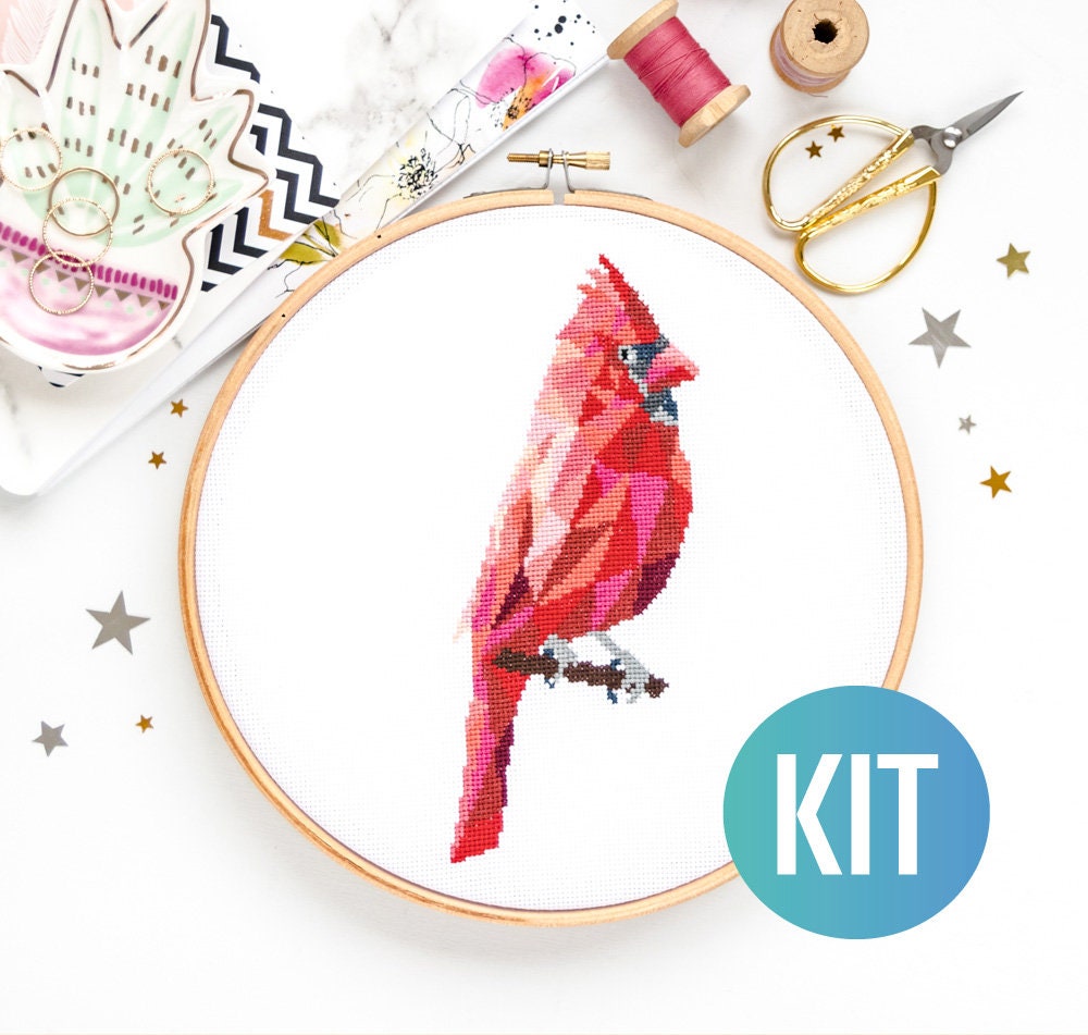 Red Cardinal Cross Stitch Kit Bird Cross Stitch Kit Beginner Etsy
