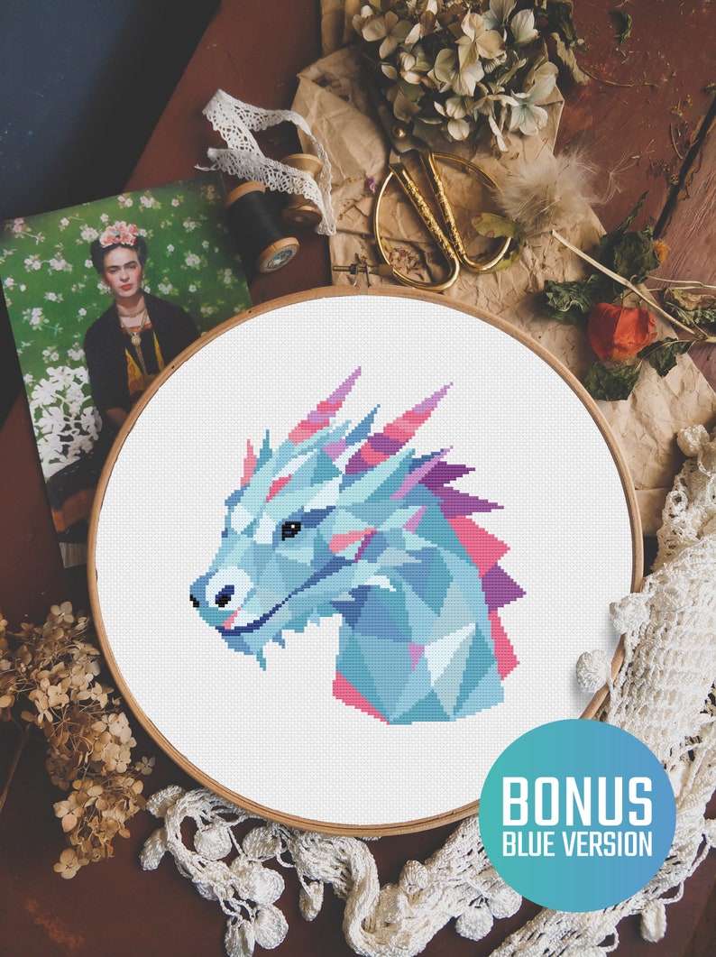 Geometric Dragon Cross Stitch PDF Pattern, Modern Fantasy Hand Embroidery Design, Counted Easy for Beginners Xstitch Chart image 5