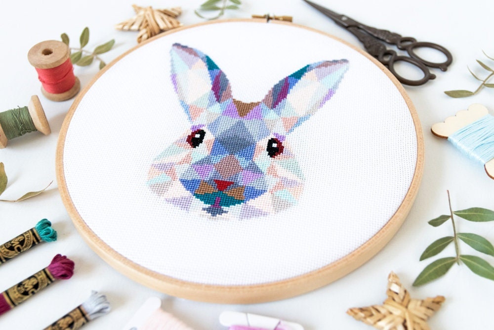 Geometric Rabbit Cross Stitch Pattern PDF | Modern Animal Embroidery Designs to Download
