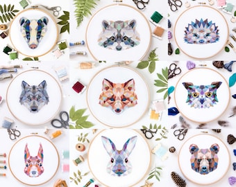 Woodland Animals Cross Stitch Patterns Bundle, 9 Modern Counted Charts - Fox, Bear, Wolf, Rabbit, Squirrel, Badger, Owl, Hedgehog, Raccoon