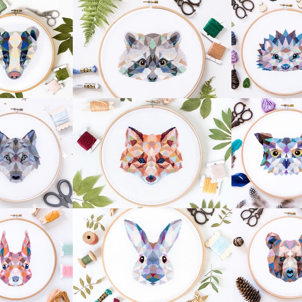 Woodland Animals Cross Stitch Patterns Bundle, 9 Modern Counted Charts - Fox, Bear, Wolf, Rabbit, Squirrel, Badger, Owl, Hedgehog, Raccoon