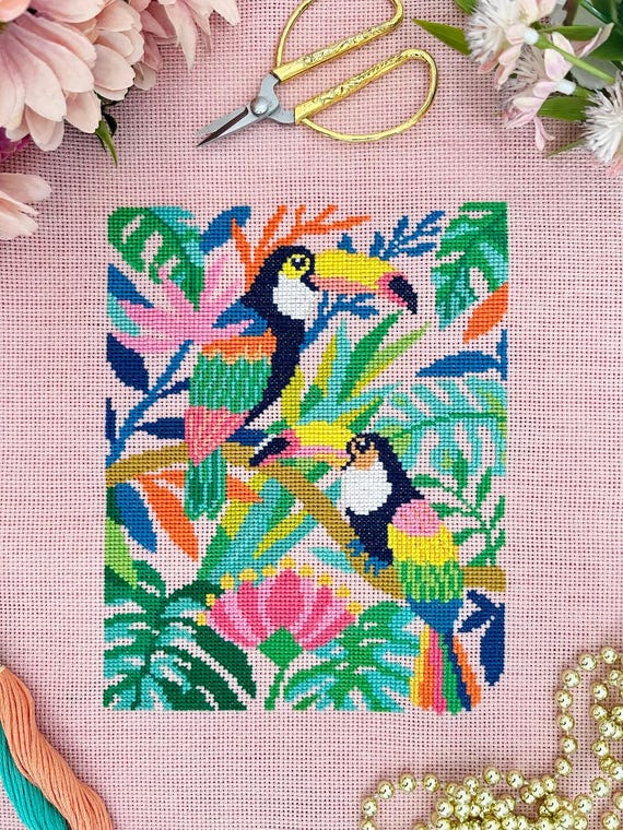 Toucans  Tropical Cross Stitch PDF Pattern | Jungle Landscape with Exotic  Plants | Modern Hand Embroidery Design | Counted Chart