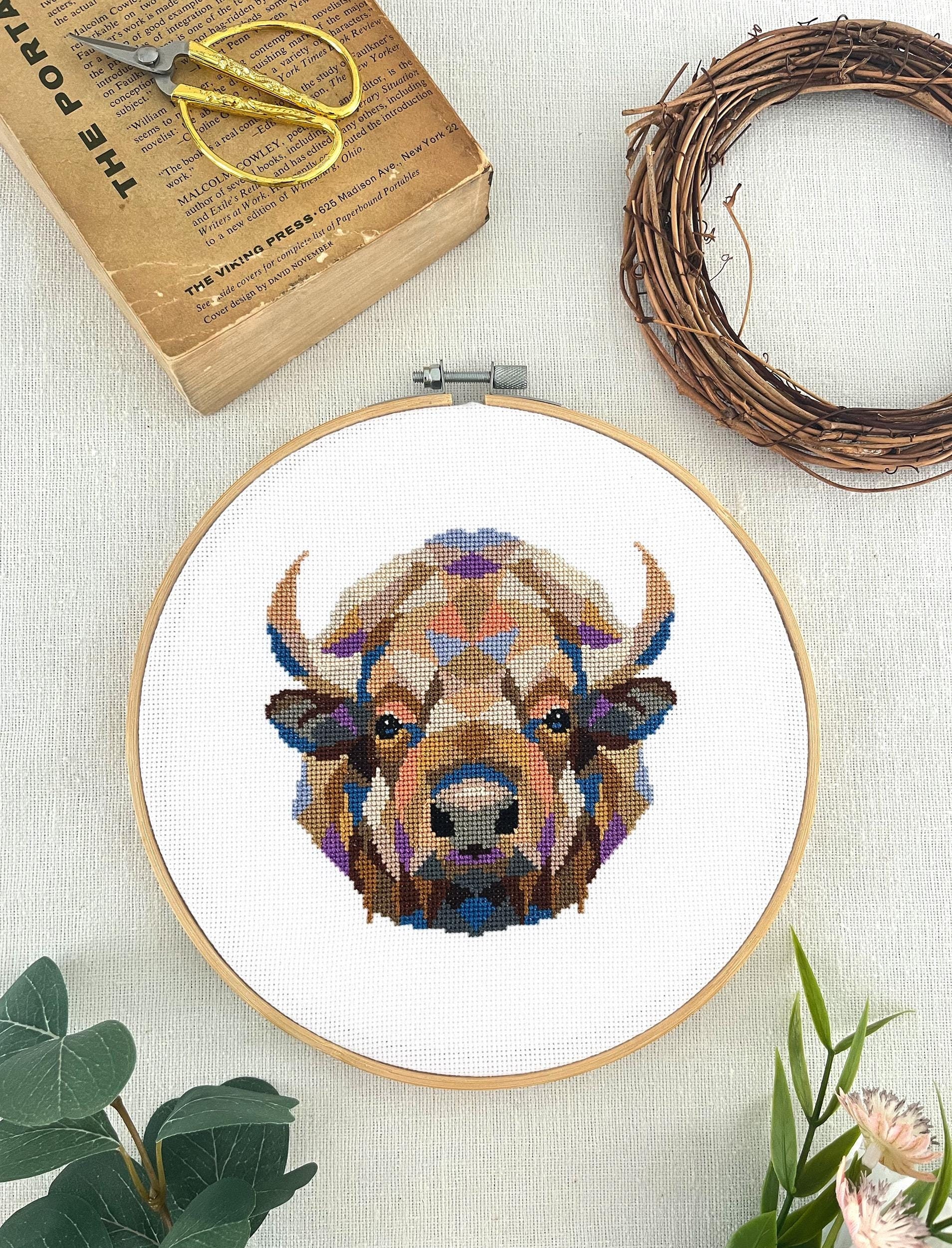 Geometric Buffalo Cross Stitch Pattern PDF | Modern Bison Animal Embroidery | Easy Digital Download