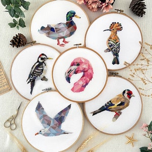 Könnte beinhalten: Sechs Stickrahmen mit verschiedenen bunten Vogelmotiven. Die Vögel sind eine Ente, ein Wiedehopf, ein Flamingo, eine Möwe und zwei Finken. Die Rahmen befinden sich auf einem weißen Hintergrund.