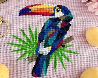 Patrón geométrico de tucán para punto de cruz: pájaro tropical moderno, diseño en PDF / Descarga instantánea