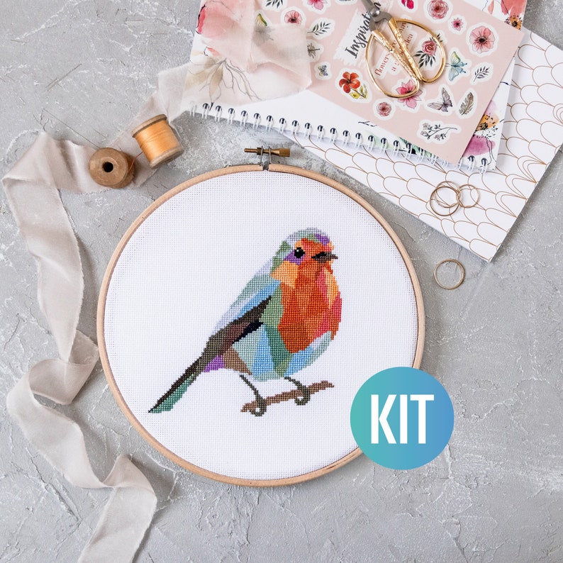 Cross Stitch Kit Christmas Robin Easy DIY Embroidery Geometric Design Great Craft or Gift