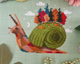 Patrón de punto de cruz de caracol otoñal (PDF) / Gráfico de bordado otoñal, diseño moderno de bosque XStitch