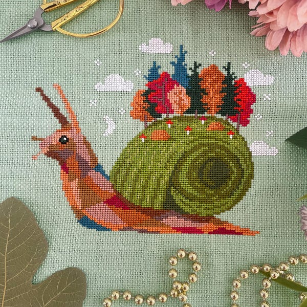 Fall Snail Cross Stitch Pattern PDF | Autumn Embroidery Chart, Woodland Modern XStitch Design