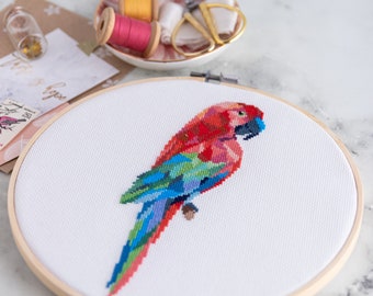 Ara Parrot Modern Cross Stitch Pattern PDF - Easy Macaw Bird Embroidery, Bright Geometric Design