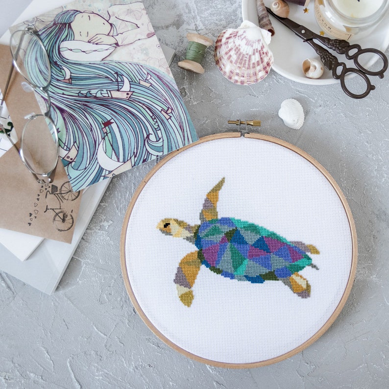 Turtle Cross Stitch Kit DIY Embroidery Kit Geometric Animal Etsy