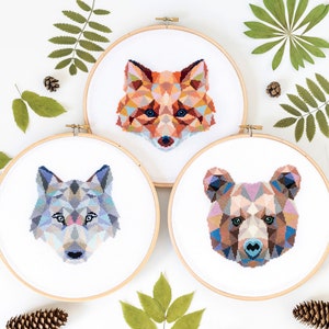 3 Geometric Cross Stitch Patterns - Fox, Wolf and Bear