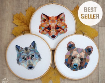 3 Geometric Cross Stitch Patterns - Fox, Wolf and Bear