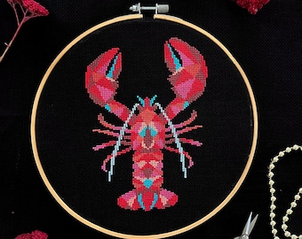 Patrón de punto de cruz de langosta geométrica (PDF) / Diseño de bordado costero moderno / Gráfico de costura de animales marinos del océano / Descarga instantánea
