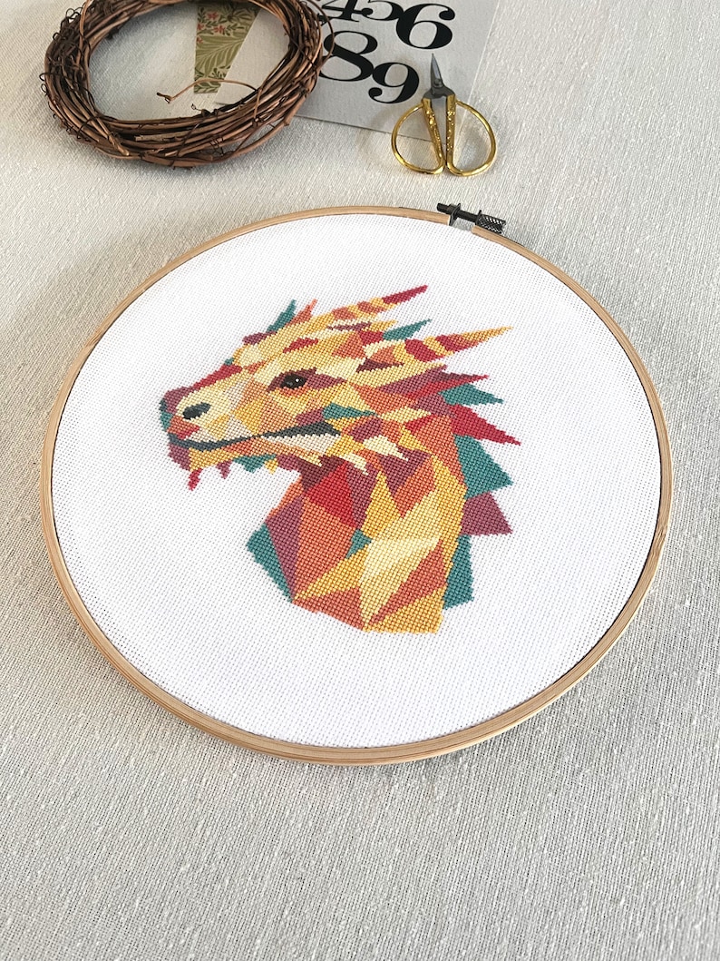 Geometric Dragon Cross Stitch PDF Pattern, Modern Fantasy Hand Embroidery Design, Counted Easy for Beginners Xstitch Chart image 3