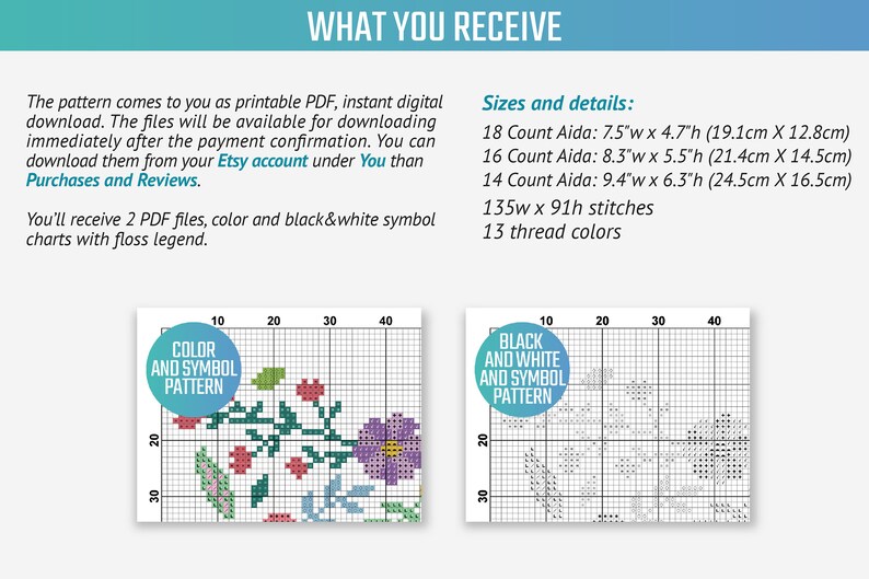 May include: Two cross-stitch patterns, one in color and one in black and white, showing a floral design with leaves and flowers. The patterns are on a grid with numbers along the top and side. The text "Color and Symbol Pattern" and "Black and White and Symbol Pattern" are in circles on the patterns. The text "135w x 91h stitches" and "13 thread colors" are listed below the patterns.