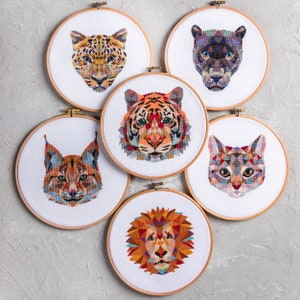 6 Tiere Kreuzstich PDF Muster Bundle - Moderne Geometrische Tiger, Löwe, Schwarzer Panther, Leopard, Luchs, Katze gezählt Xstitch Designs Set