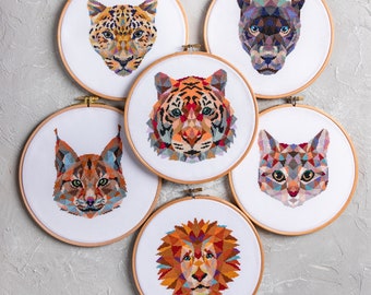 6 Animals Cross Stitch PDF Patterns Bundle - Modern Geometric Tiger, Lion, Black Panther, Leopard, Lynx, Cat Counted Xstitch Designs Set