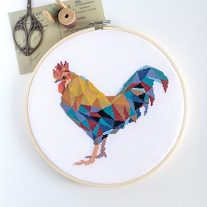 Rooster Cross Stitch PDF Pattern - Modern Geometric Embroidery Design