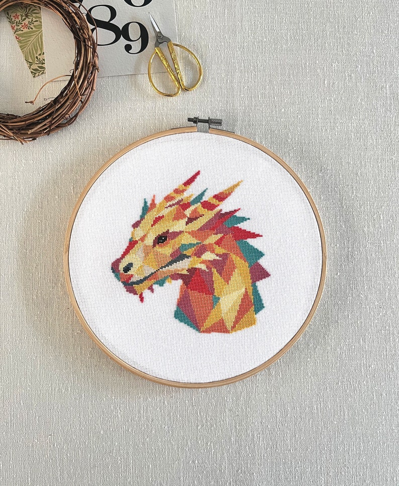 Geometric Dragon Cross Stitch PDF Pattern, Modern Fantasy Hand Embroidery Design, Counted Easy for Beginners Xstitch Chart image 1